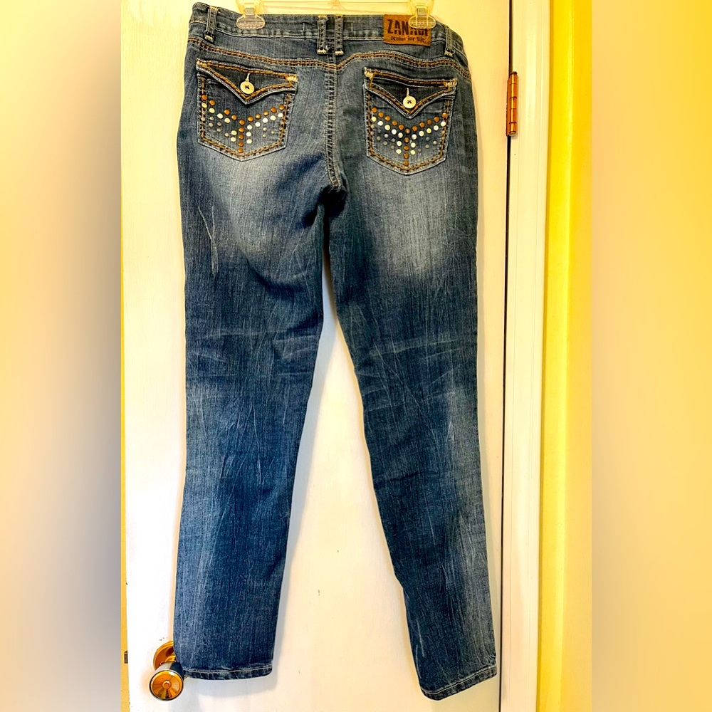 Zanadi Denim Jeans Straight Leg Ripped Distressed Embellished Size 15 (35x31)